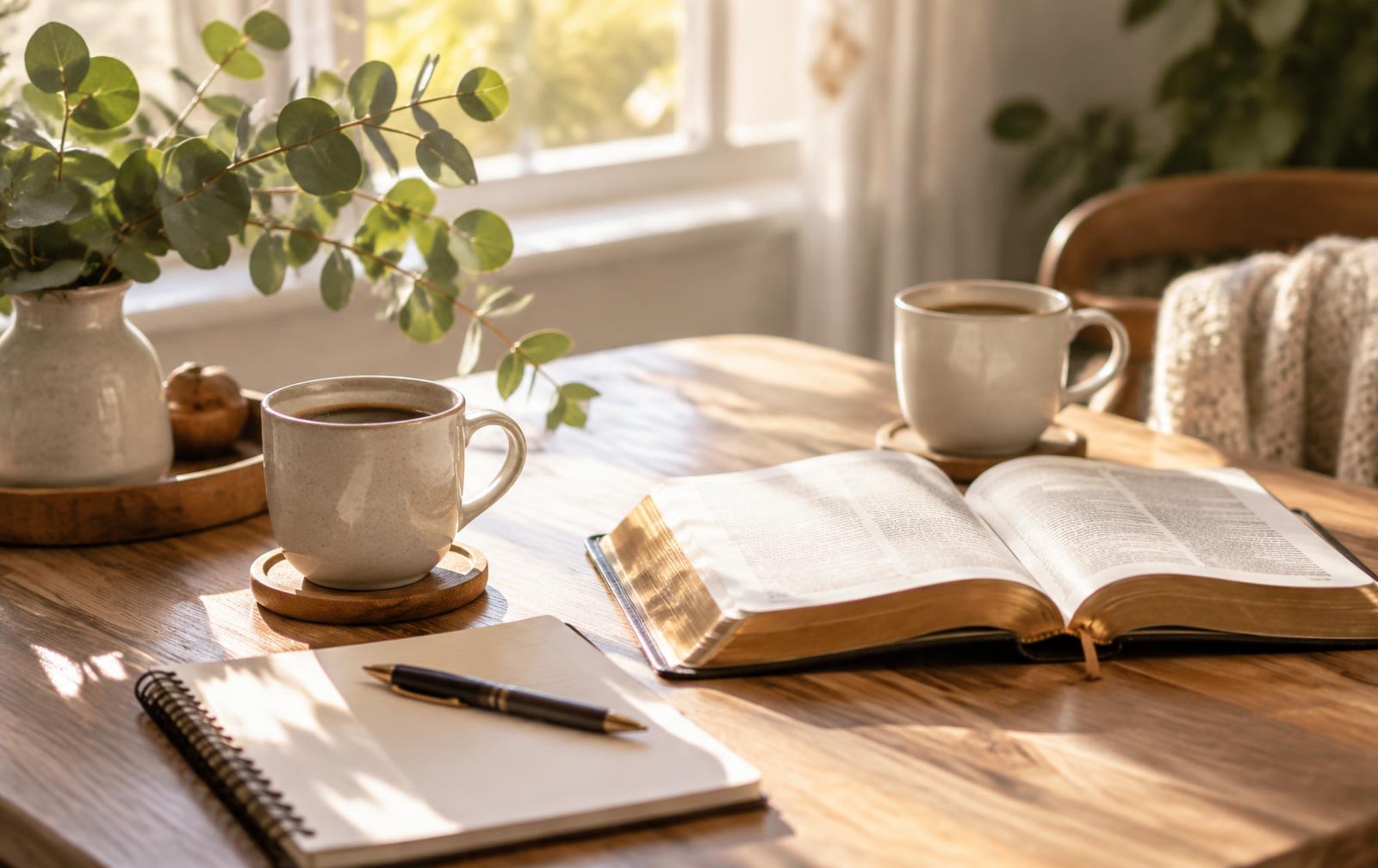 Mesa junto a una ventana con luz de mañana, dos tazas, una Biblia y un cuaderno abiertos.