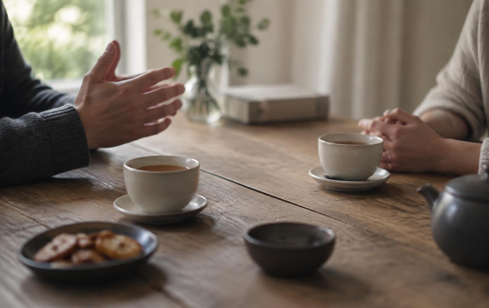 Dos personas conversan con calma junto a una mesa de madera con dos tazas de té.