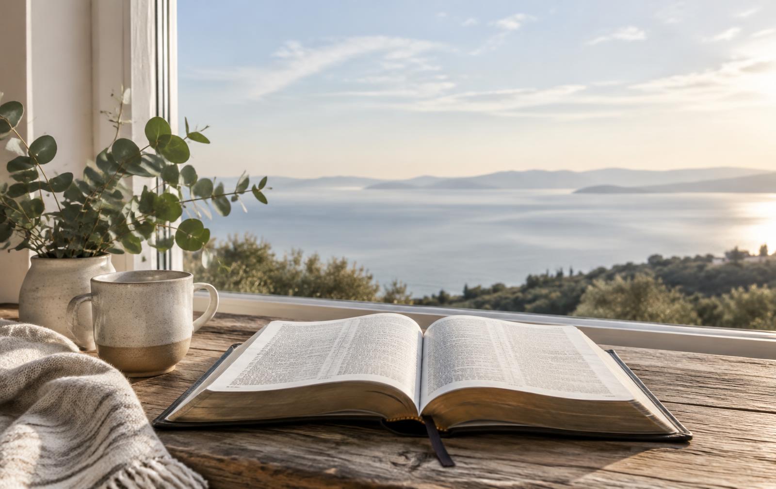 Biblia abierta frente a un paisaje amplio que representa la esperanza y la confianza en Dios.